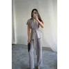 ÇİZGİLİ POLYVİSKON BLUZ - PANTOLON TAKIM - Gri