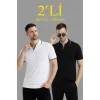 Erkek 2’li Paket Triko Yakalı Düğmesiz Açık Yaka Fitilli Kısa Kollu Regular Fit Tişört - Beyaz - Siyah