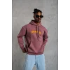 Erkek 3 İplik Pamuklu Kapüşonlu Baskılı Cepli Oversize Sweatshirt Hoodie - Gül Kurusu