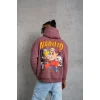 Erkek 3 İplik Pamuklu Kapüşonlu Baskılı Cepli Oversize Sweatshirt Hoodie - Gül Kurusu