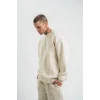 Erkek 3 İplik Pamuklu Yağ Yıkamalı Sweatshirt Double Oversize Bisiklet Yaka Uzun Kol - Krem