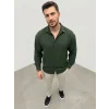Erkek Aerobin Kumaş Oversize 4 Mevsim Uzun Kollu Rahat Kalıp Gömlek - Haki