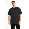 Erkek Asit Yıkama Bisiklet Yaka Kısa Kollu Oversize T-Shirt Tişört - Siyah