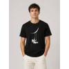 Erkek Astronot Ay Temalı Tişört Kısa Kol Yazlık Bisiklet Yaka T-Shirt - Siyah