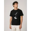 Erkek Astronot Ay Temalı Tişört Kısa Kol Yazlık Bisiklet Yaka T-Shirt - Siyah