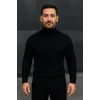 Erkek Balıkcı Yaka Bağazlı Triko Kazak Pamuklu Kalın Fitilli Dokuma, Regular Fit Uzun Kollu Kışlık Model - Siyah