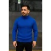 Erkek Balıkcı Yaka Bağazlı Triko Kazak Pamuklu Kalın Fitilli Dokuma, Regular Fit Uzun Kollu Kışlık Model - Saks Mavisi
