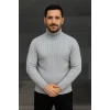 Erkek Balıkcı Yaka Bağazlı Triko Kazak Pamuklu Kalın Fitilli Dokuma, Regular Fit Uzun Kollu Kışlık Model - Gri