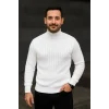 Erkek Balıkcı Yaka Bağazlı Triko Kazak Pamuklu Kalın Fitilli Dokuma, Regular Fit Uzun Kollu Kışlık Model - Beyaz