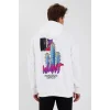 Erkek Baskılı Üç İplik Kapüşonlu Oversize Sweatshirt - Beyaz