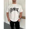 Erkek Bisiklet Yaka Ön Baskılı Kısa Kollu Tişört Streetwear Günlük Basic Pamuklu T-shirt - Beyaz