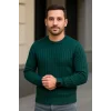 Erkek Bisiklet Yuvarlak Yaka Triko Kazak Pamuklu Kalın Fitilli Dokuma, Regular Fit Uzun Kollu Kışlık Model - Haki