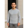 Erkek Bisiklet Yuvarlak Yaka Triko Kazak Pamuklu Kalın Fitilli Dokuma, Regular Fit Uzun Kollu Kışlık Model - Gri
