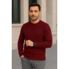 Erkek Bisiklet Yuvarlak Yaka Triko Kazak Pamuklu Kalın Fitilli Dokuma, Regular Fit Uzun Kollu Kışlık Model - Bordo