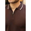 Erkek Çizgi Desenli Fermuar Yakalı Kısa Kollu Tişört