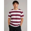 Erkek Çizgili Oversize Tişört Bisiklet Yaka Kısa Kol Yazlık T-Shirt - Bordo