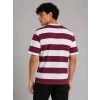 Erkek Çizgili Oversize Tişört Bisiklet Yaka Kısa Kol Yazlık T-Shirt - Bordo