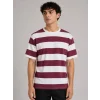 Erkek Çizgili Oversize Tişört Bisiklet Yaka Kısa Kol Yazlık T-Shirt - Bordo