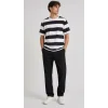 Erkek Çizgili Oversize Tişört Bisiklet Yaka Kısa Kol Yazlık T-Shirt - Siyah