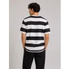 Erkek Çizgili Oversize Tişört Bisiklet Yaka Kısa Kol Yazlık T-Shirt - Siyah