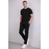 Erkek Diagonel Mikro Dokulu Duble Paça Cepli Pantolon Bağcıklı Bel, Modern Kesim - Siyah