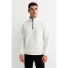 Erkek Dik Yaka Sweatshirt Dik Yaka Yarım Fermuarlı 3 İplik Şardonlu Pamuk Kumaş - Beyaz