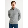 Erkek Dik Yaka Sweatshirt Dik Yaka Yarım Fermuarlı 3 İplik Şardonlu Pamuk Kumaş - Gri