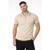 Erkek Fermuarlı Yaka Fitilli Triko Kısa Kollu Regular Fit Tişört T-shirt - Bej