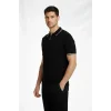 Erkek Fermuarlı Yaka Fitilli Triko Kısa Kollu Regular Fit Tişört T-shirt - Siyah