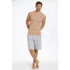 Erkek Fitilli Atlet Sıfır Yaka Slim Fit Arka Baskılı Spor Atlet - Bej