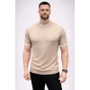 Erkek Fitilli Triko Dokuma Kısa Kol Tişört Yarım Boğaz Modern Yazlık T-Shirt - Bej
