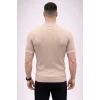 Erkek Fitilli Triko Dokuma Kısa Kol Tişört Yarım Boğaz Modern Yazlık T-Shirt - Bej