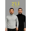 Erkek Fitilli Triko Kazak 2li Set Gri Siyah Regular Balıkcı Yaka Tam Boğazlı Triko Seti Modeli Kazak