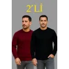 Erkek Fitilli Triko Kazak 2’li Set – Siyah - Bordo, Kalın Dokuma Pamuklu Regular Fit Bisiklet Yaka Uzun Kollu Rahat Kışlık Kazak Kombini