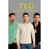 Erkek Fitilli Triko Kazak 3’lü Set – Mint Yeşili, Siyah, Bej Kalın Dokuma Pamuklu Regular Fit V Yaka Fermuarlı Uzun Kollu Rahat Kışlık Kazak Kombini