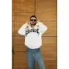 Erkek Kapüşonlu Sweatshirt Hoodie 3 İplik Şardonlu Pamuklu Kumaş, Önü Baskılı, Fermuarlı Rahat Kalıp, Kışlık Ve Sokak Stili Sweat - Beyaz