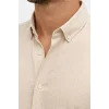 Erkek KETEN Kumaş Oversize Uzun Kollu Rahat Kalıp Gömlek - Bej