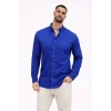 Erkek KETEN Kumaş Oversize Uzun Kollu Rahat Kalıp Gömlek - Saks Mavisi