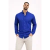 Erkek KETEN Kumaş Oversize Uzun Kollu Rahat Kalıp Gömlek - Saks Mavisi