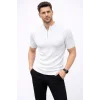 Erkek Kısa Kol Fitilli Triko T-Shirt Yazlık Hakim Yaka Tişört - Beyaz