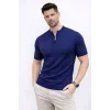 Erkek Kısa Kol Fitilli Triko T-Shirt Yazlık Hakim Yaka Tişört - Lacivert