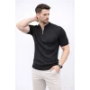 Erkek Kısa Kol Fitilli Triko T-Shirt Yazlık Hakim Yaka Tişört - Siyah
