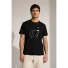 Erkek Köpek Figürlü Minimal Baskılı Tişört Kısa Kol Yazlık T-Shirt - Siyah