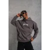 Erkek Kordon İpli Baskılı Kapüşonlu Sweatshirt - Füme