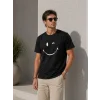 Erkek Minimal Gülümseyen Yüz Baskılı Tişört Kısa Kol Yazlık T-Shirt - Siyah