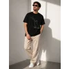 Erkek Minimal Kedi Çizim Baskılı Tişört Kısa Kol Yazlık T-Shirt - Siyah