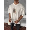 Erkek Ön Ve Arka Baskılı Oversize Bisiklet Yaka T-shirt - Beyaz