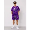 Erkek Oversize Kalıp Pubg Bape X Shark Nakışlı Cepli Şort Takım - Mor