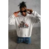 Erkek Oversize Kapüşonlu Sweatshirt – Beyaz Renk Üç İplik İçi Pamuklu Kanguru Cepli Baskılı Hoodie Rahat Kalıp Kışlık Günlük Kombinlere Uygun - Beyaz