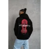 Erkek Oversize Üç İplik Kapüşonlu Sweatshirt – Siyah “Don’t Be Terrified” Ön, Sırt Ve Kol Baskılı, Kanguru Cepli, Ribanalı Rahat Model- Siyah